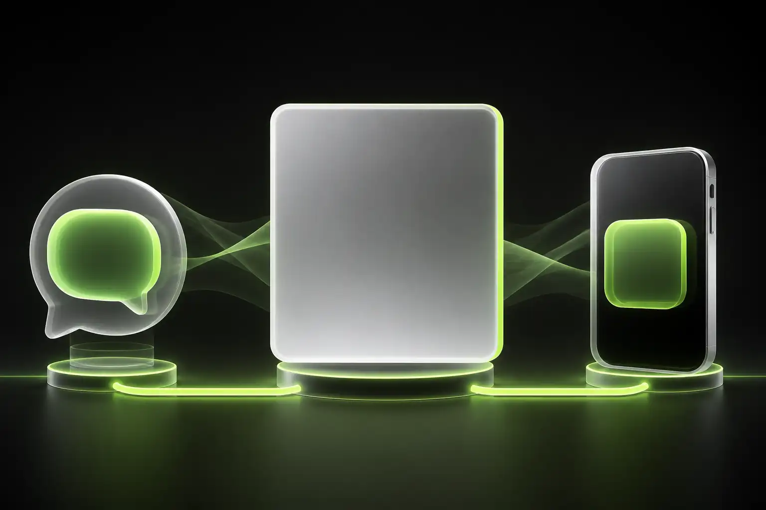 Chat, browser checkout, and VPN app shown as three distinct stages