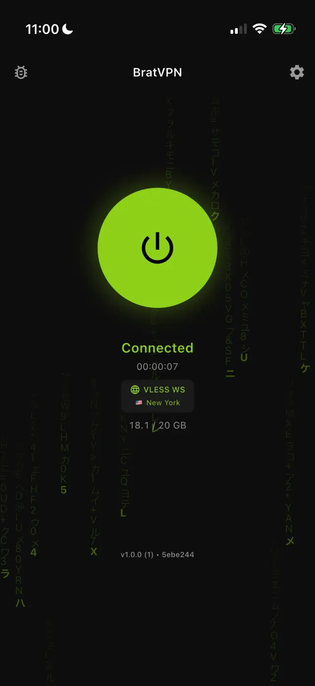 BratVPN app showing an active VPN connection